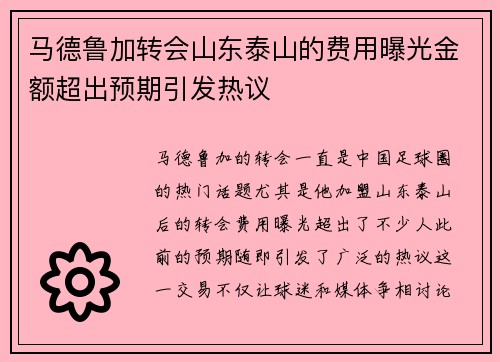 马德鲁加转会山东泰山的费用曝光金额超出预期引发热议 马德鲁加转会山东泰山的费用曝光金额超出预期引发热议
